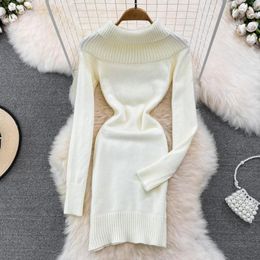 Casual Dresses Autumn/winter Pure Wind One Word Shoulder Strap Knit Sexy Spice Wear With Bag Buttock Dress