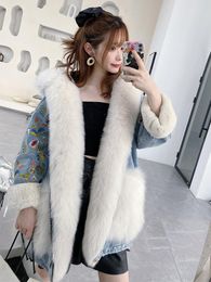 Women's Trench Coats 2023 Autumn And Winter Net Red Fur Collar Real Hair Denim Embroidered Pie Overcoming Coat Jacket Women