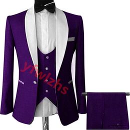 Custom-made Groom Tuxedos Purple blossom Men Suits Shawl Lapel Groomsmen Wedding/Prom/Dinner Man Blazer Jacket Pants Tie Vest M256