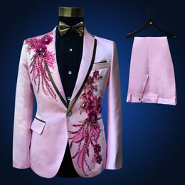 Men's Suits Blazers Pink Tuxedo Jacket pant Beads Mens Stage Wearmens Tuxedos Wedding Plus Size 4XL Royal Blue White Black Red Groom 230206