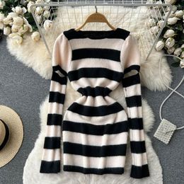 Casual Dresses Autumn And Winter Design Sense Waist Thin Retro Stripes Hollow In The Long Paragraph Package Hip Knit Dress