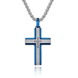 Pendant Necklaces Artistic Jewellery Wholesale Engrave CNC Inlaid Zircon Stainless Steel Blue Layer Plaid Men Cross Pendant Necklace G230206