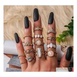 Band Rings Fashion Jewelry Vintage Ring Set Crown Caved Flower Inlaid Diamond Sets 16Pcs/Set Drop Delivery Dh4Sd