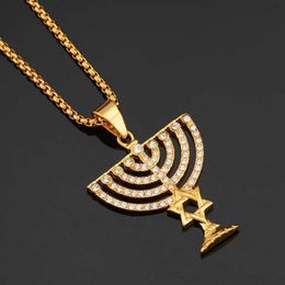 Pendant Necklaces Israel Menorah Happy Hanukkah Necklaces Golden Stainless Steel Jewelry Star Of David Israelites Candler Symbol Hexagram Pendant G230206