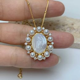 Pendant Necklaces 2021 New Oval Religion Holy Our Lady of Guadalupe Virgin Pendant Necklace Women Zircon MOP Pearl Shell Medal Jewellery For Gifts G230206