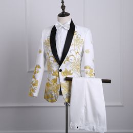 Men's Suits Blazers Dress Embroidery Wedding Host Singer Performance Costume Homme Mariage Gold Black Groom Completi Uomo 230206