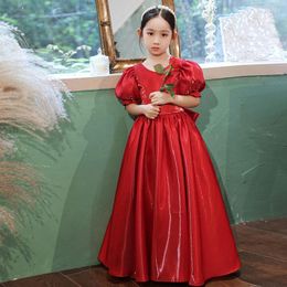 Girl Dresses Red Empire Short Sleeves Simple Fashion Floor-Length O-Neck Pleat Kids Party Communion For Weddings A2023