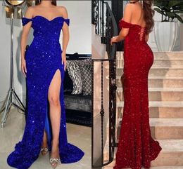 Sexy Burgundy Royal Blue Prom Dresses Off Shoulder Mermaid High Thigh Split Blingbling Sequined Evening Gowns BC15096