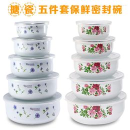 Bowls Bowl Thickened With Lid Old-fashioned Enamel Sealed Nostalgic Set Of Five Matching Refrigerator