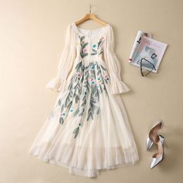 2023 Spring Apricot Floral Embroidery Tulle Dress Long Sleeve V-Neck Sequins Midi Casual Dresses S3F021943