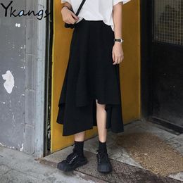 Skirts 2023 Summer Women Black Irregular Midi Skirt Female Vintage Gothic Asymmetrical Long Pleated Girls Party Club Streetwear