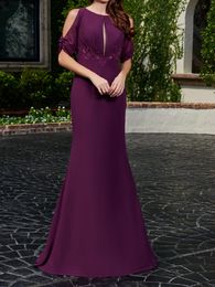 Sexy Purple Mother of the Bride Dresses Short Sleeves Floral Applique above the Waistline Party Gowns Royal Blue, Burgundy, Champagne