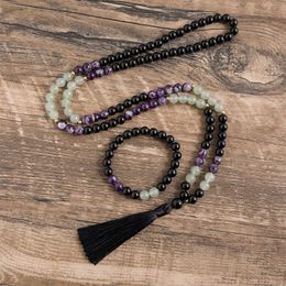 Pendant Necklaces 8mm Natural Amethyst and Aventurine Jade Black Onyx Beadeds Necklace 108Mala Bead Meditation Yoga Jewellery Japamala Rosary Sets G230206