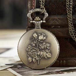 Pocket Watches Vintage Craving Rose Fullmetal Alchemist Quartz Watch Men Women Flowers Bronze Necklace Pendant Chain Steampunk Clock
