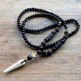 Pendant Necklaces New Design Black BLava Stones Bead with Hematite cross charm pendant necklace Men's Bead Necklace G230206
