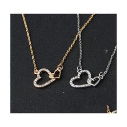 Pendant Necklaces Double Heart Necklace Fashion Pretty Jewelry Gift Wedding Romantic Cute Rhinestone Color Gold/Sier Cha Yzediblesho Dhnck