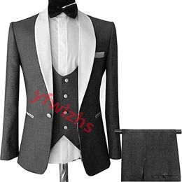 Custom-made Groom Tuxedos Grey blossom Men Suits Shawl Lapel Groomsmen Wedding/Prom/Dinner Man Blazer Jacket Pants Tie Vest M255