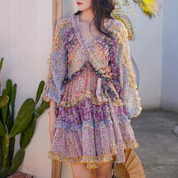 Casual Dresses Women Reversible Chiffon Summer Dress Floral Print Long Lantern Sleeve Adjustable Waist Two Piece Mini Holiday 2023