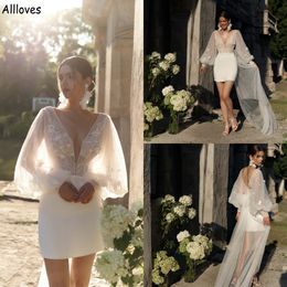 Plunging V Neck Puff Long Sleeves Sheath Wedding Dresses With Train Fairy Tulle Floral Lace Boho Bridal Gowns Summer Beach Sexy Mini Short Reception Dress CL1799