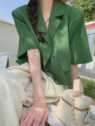 Women's Suits & Blazers Women Summer Small Suit Jacket Korean Style Single Breasted Short Sleeve Green Blazer Vintage Coat Casual Cardigan E