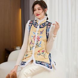 Women's Vests Autumn And Winter Wear Stand Collar Splicing Hair Chinese Style Single Breasted Embroidery Lady Cotton Vest S-XXL