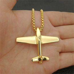 Pendant Necklaces Aircraft Aeroplane Necklace Pendant With Stainless Steel Chains For Men Gold Colour Men's Hip Hop Jewellery Gifts G230206