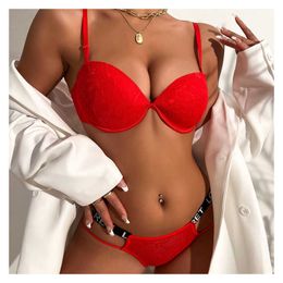 Sexy Set Red with letters lace steel ring sexy comfortable fashion thin under thick bra underwear set Y2302