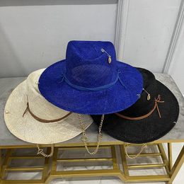 Wide Brim Hats 2023 Arrival Women's Sun Hat Black Bule Straw With Chain And Pin Pearl In The Sea Side