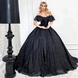 Gothic Glitter Black Ball Gown Wedding Dresses Sparkling Sequined Long Bride Wear Off Shoulder Short Puff Sleeves Corset Bridal Dress