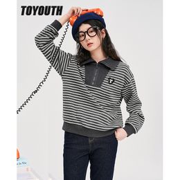 Men's Hoodies Sweatshirts Toyouth Women Winter Long Sleeve Polo Neck with Zipper Striped Embroidery Casual Streetwear Pullover 230206