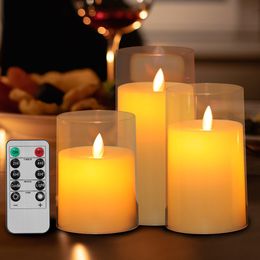 Candles Gold Flickering Flameless Candles Battery Operated Acrylic LED Pillar Candles with Remote Control and Timer Set of 3 230206