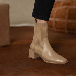 Ankle Boots 2022 Women S Thick Heel Square Head Martin Knitted Slim Middle Elast Martin Boots 220926