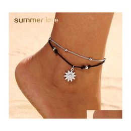 Anklets Bohemia Sun Pendant Beaded Anklet Bracelet For Women Simple Rope Alloy Doublelayer In Summer Leg Ankle Foot Jewelry Drop Deli Dh8Ha