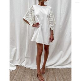 Party Dresses For Women 2023 Fashion Female White O-neck Loose Hollow Out Splicing Short Sleeve Casual Sexy Mini Dress Vestidos Cortos