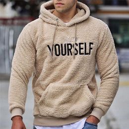 Men's Hoodies Sweatshirts Mens Autumn Winter Men Warm Plush Fleece Hoodie Casual Long Sleeve Letter Print Hooded Pullover Top with Kangaroo Pocket 230207