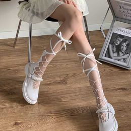 Socks Hosiery Sexy Women Stockings Bandage Cross Ribbon Knee Anti-Snagging Party Fish Net 2 Wearing Ways Stocking Fishnet Pantyhose Y2302