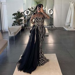 Arabic Dubai Evening Dresses Detachable Train Bead Muslim Evening Gown Tulle Sequin Long Sleeve Celebrity Robe De Soiree