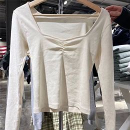 Women's TShirt Vintage White Slim Long Sleeve Tshirt Sexy Square Collar Folds Short T Shirt Female Autumn Sweet Chic Cotton Tops 230206