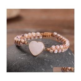 Tennis Women Rose Quartz Heart Stone Charm Pink Jasper Bead String Braided Bracelet Handwoven