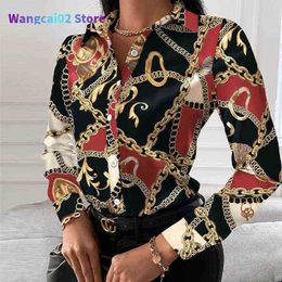 Women's Blouses Shirts Fashion Chain Leopard Printed Lady Office Shirt Elegant Turn-down Collar Blouse Casual Button Long Sleeve New Autumn Women Tops 020723H