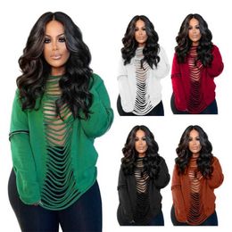 Fashion Top Designer Womens Solid Colour Hole Burning Sexy Long Sleeve Sweater Large Ladies Dress 5 Colours S-XXXL