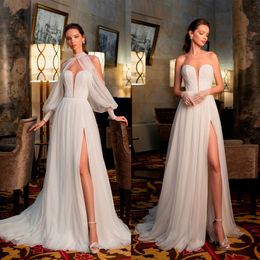 Elegant A-line Wedding Dresses Sweetheart Soft Tulle Sleeves Backless Lace up High Side Split Court Gown Custom Made Plus Size Bridal Dress Vestidos De Novia