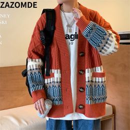 Men's Sweaters ZAZOMDE Retro Knitted Cardigan Men Streetwear Stripe Pattern Classic Coat Mens Harajuku Hip Hop Casual Jumper Couples 230206