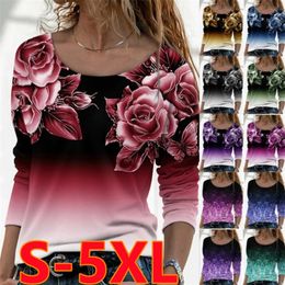 Women's TShirt Spring Autumn Fashion Loose Casual Floral Print Long Sleeve Round Neck Tshirt Tops Blouses 230206