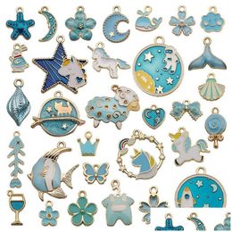 Charms 30Pcs Mixed Pattern Blue Drop Oil Fish Flower Horse Enamel Charm Diy Jewellery Bracelet Necklace Pendant Gold Tone Float Findin Dhgc8
