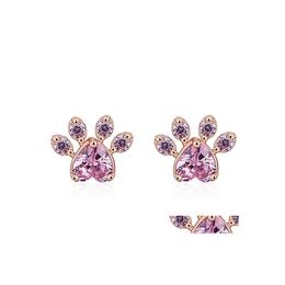 Stud Sier Earring Cute Heart Cat Paw White Zircon Earrings For Women Animal Footprint Crystal Stone Wedding Jewellery Drop Delivery Dhtgw