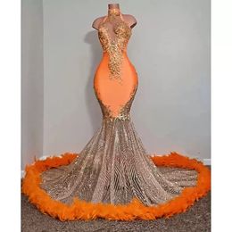 Black Girls Orange Mermaid Prom Dresses 2023 Satin Beading Sequined High Neck Feathers Luxury Skirt Evening Party Formal Gowns For292B