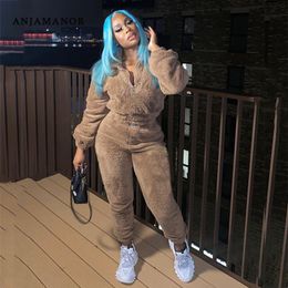 Womens Two Piece Pants ANJAMANOR Winter Outfits Thick Warm Fleece Sweatsuits for Women Sweatpants and Hoodie Set Jogging Suits D89EE48 230207