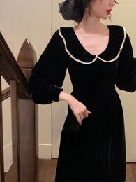 Casual Dresses 2023 Autumn French Elegant Midi Dress Woman Party Korean Fashion Slim Design Black Vintage Long Sleeve Chic