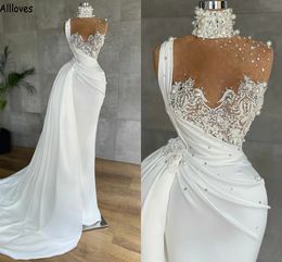 Saudi Arabia Dubai Turkey Mermaid Wedding Dresses With Detachable Train Pearls Lace Applique Beaded Bridal Gowns High Neck Modern Robes de Mariee Vestidos AL9604